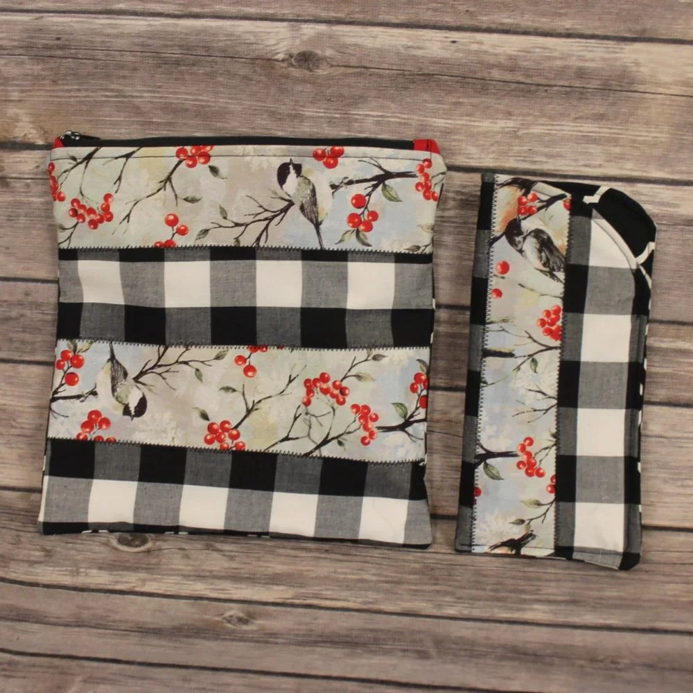 Robin Printed Black & White Buffalo Check Berries Zippered Pouch & Sunglass Case